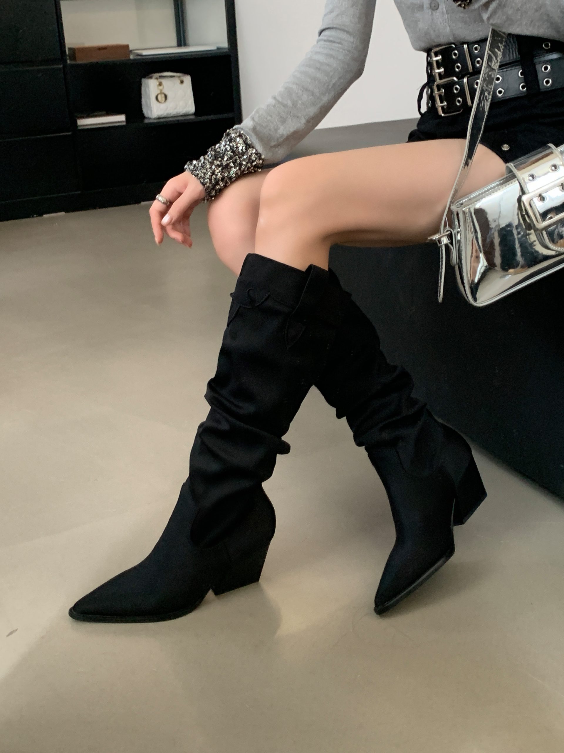 BUBUFLY Women's Chunky Heel Martin Boots 2024 Fall New Black Long Boots Thick Sole Western Knight Pointed Toe Mid Calf Boots - Image 2