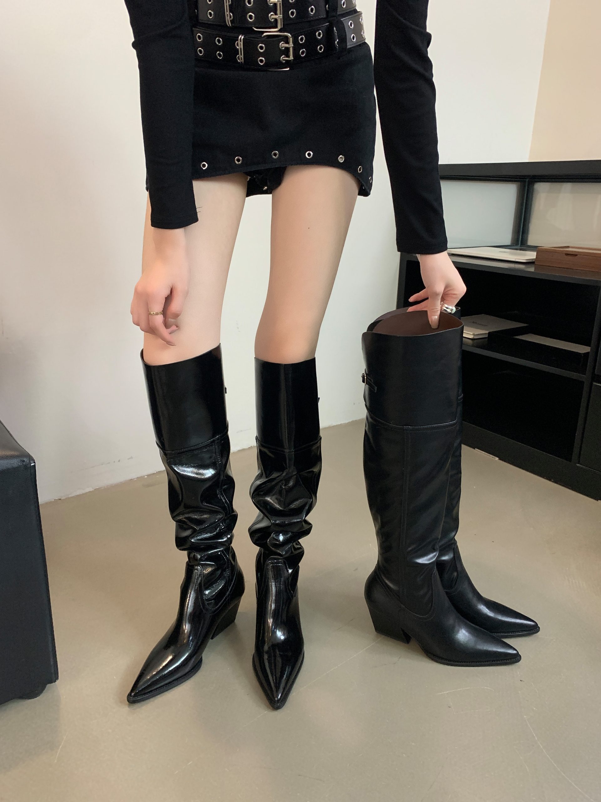 BUBUFLY Women's Western Cowboy Over Knee High Boots Patent Leather Pointed Toe Chunky Heel Fall Winter Slim Fit