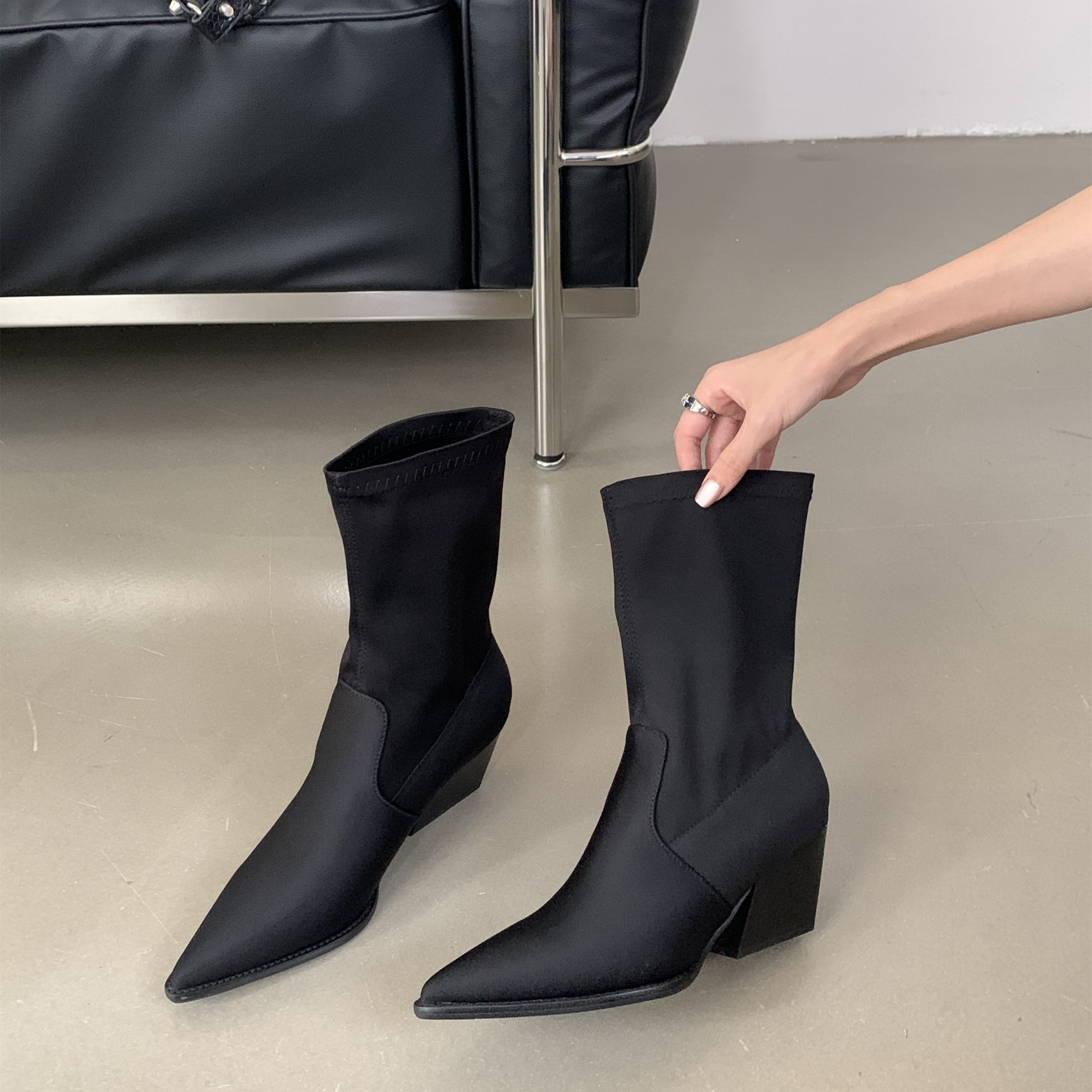 BUBUFLY Women's Pointed Toe Chunky Heel Short Boots Black 2024 Fall Slim Sexy Western Cowboy Riding Boots - Image 4