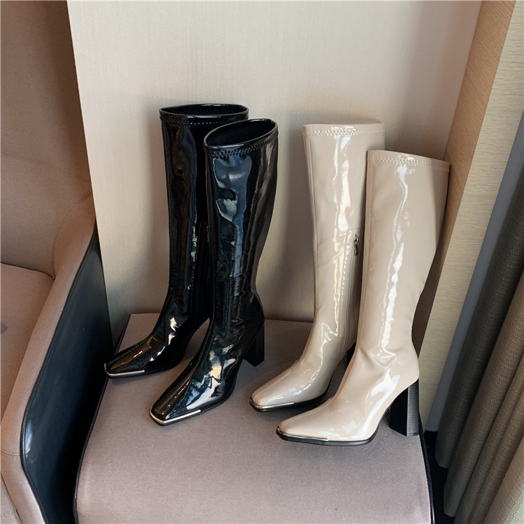 BUBUFLY Patent Leather Square Toe High Heel Tall Riding Boots for Women 2024 Fall Slim Fit Side Zipper - Image 4