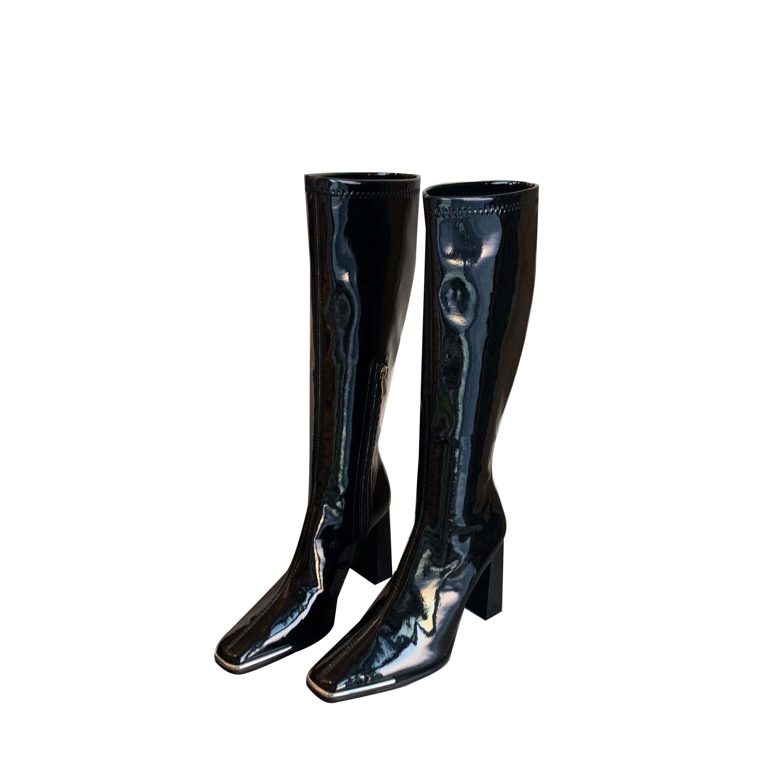 BUBUFLY Patent Leather Square Toe High Heel Tall Riding Boots for Women 2024 Fall Slim Fit Side Zipper - Image 5