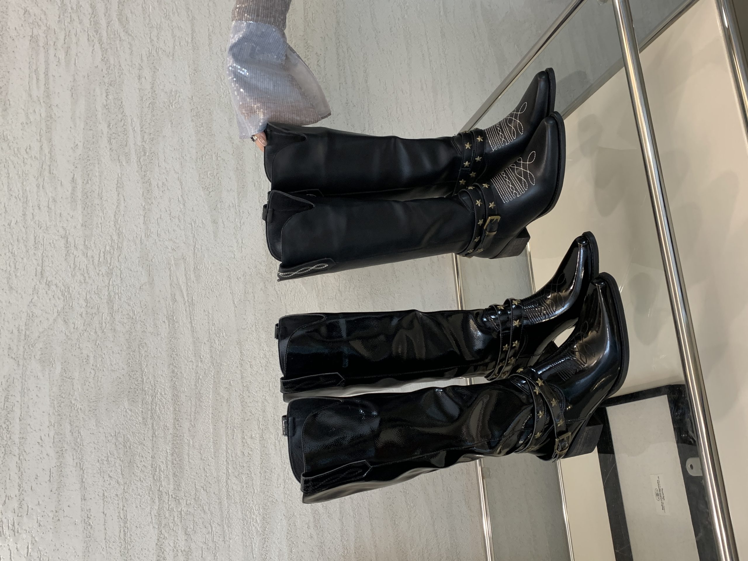 2024 BUBUFLY Women's Pointed Toe Western Boots, Black Patent Leather, Chunky Heel, High Top, Retro Embroidered - Image 4