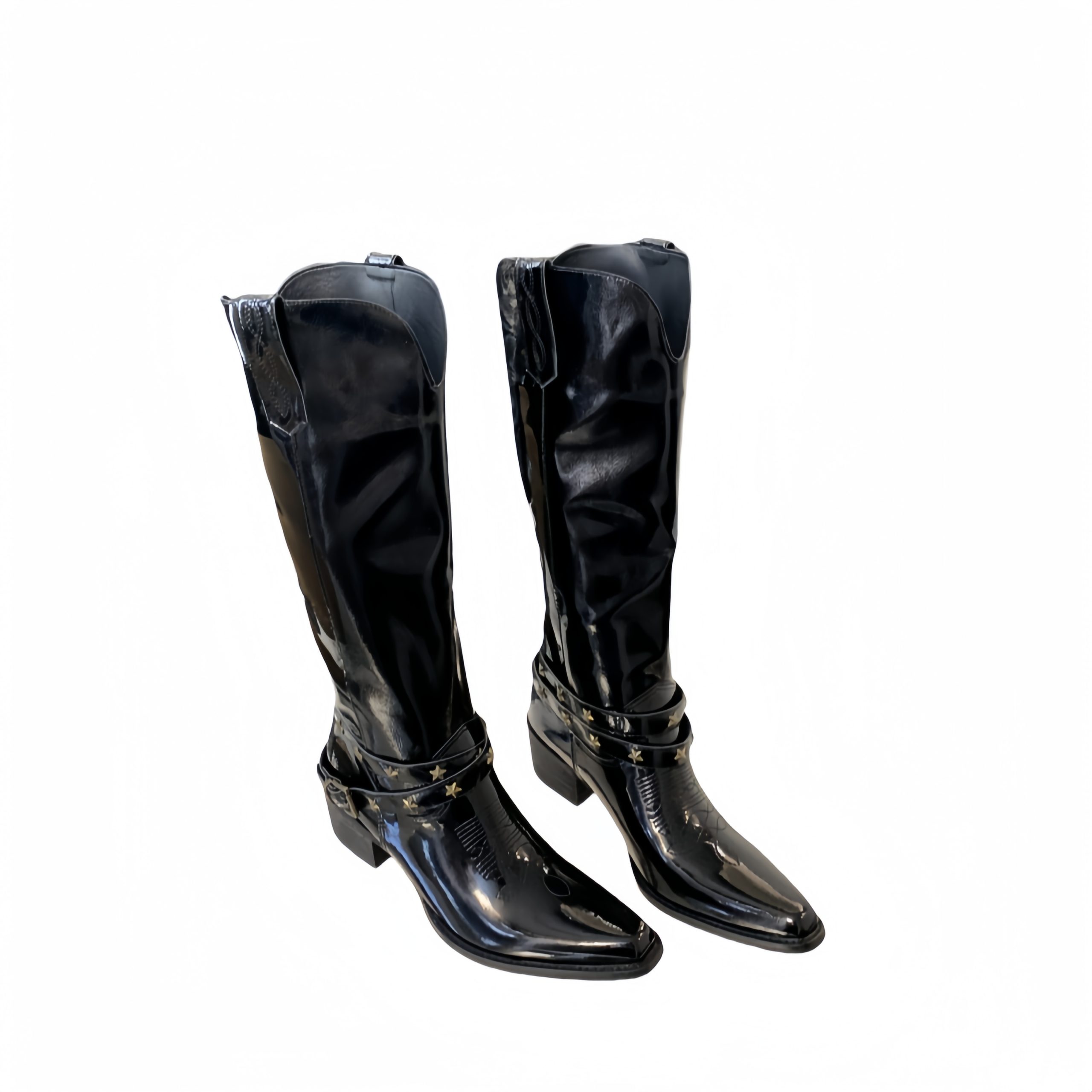 2024 BUBUFLY Women's Pointed Toe Western Boots, Black Patent Leather, Chunky Heel, High Top, Retro Embroidered - Image 5