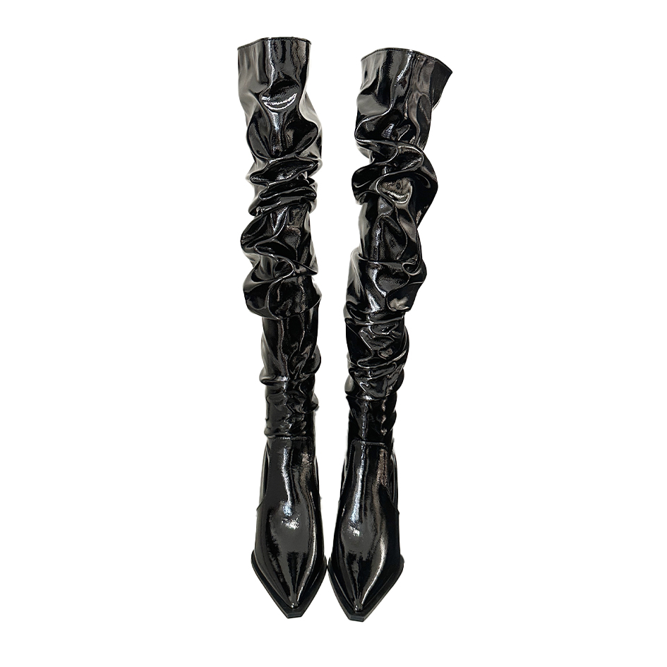 BUBUFLY Women's Pointed Toe Pleated Over Knee High Boots 2024 Fall Thin Heel Stacked Boots - Image 5
