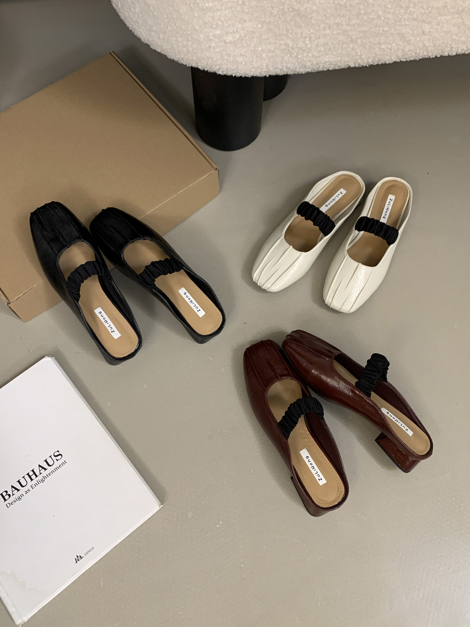2025 Spring Summer New Square Toe Pleated Shallow Mouth Half Slippers Women's Outer Wear Chunky Heel Soft Leather Mules