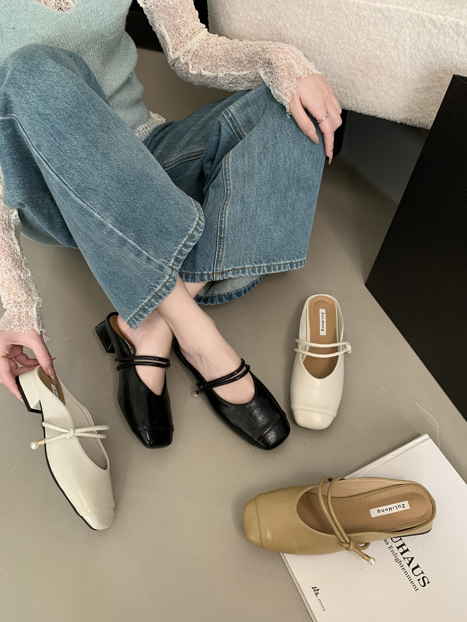 Korean Style Women's Open Toe Slippers 2025 Summer Soft Leather Mules Low Heel Mary Jane Shoes