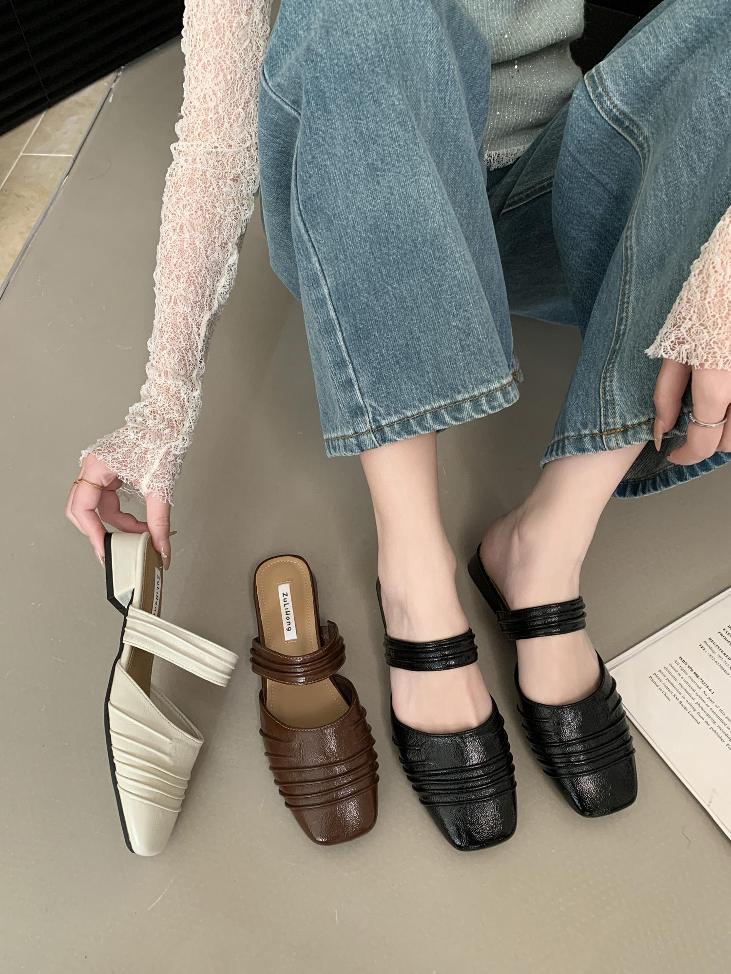 Elegant Square Toe Mary Jane Slippers for Women 2025 New Style Chunky Heel PU Leather Slip-On Sandals