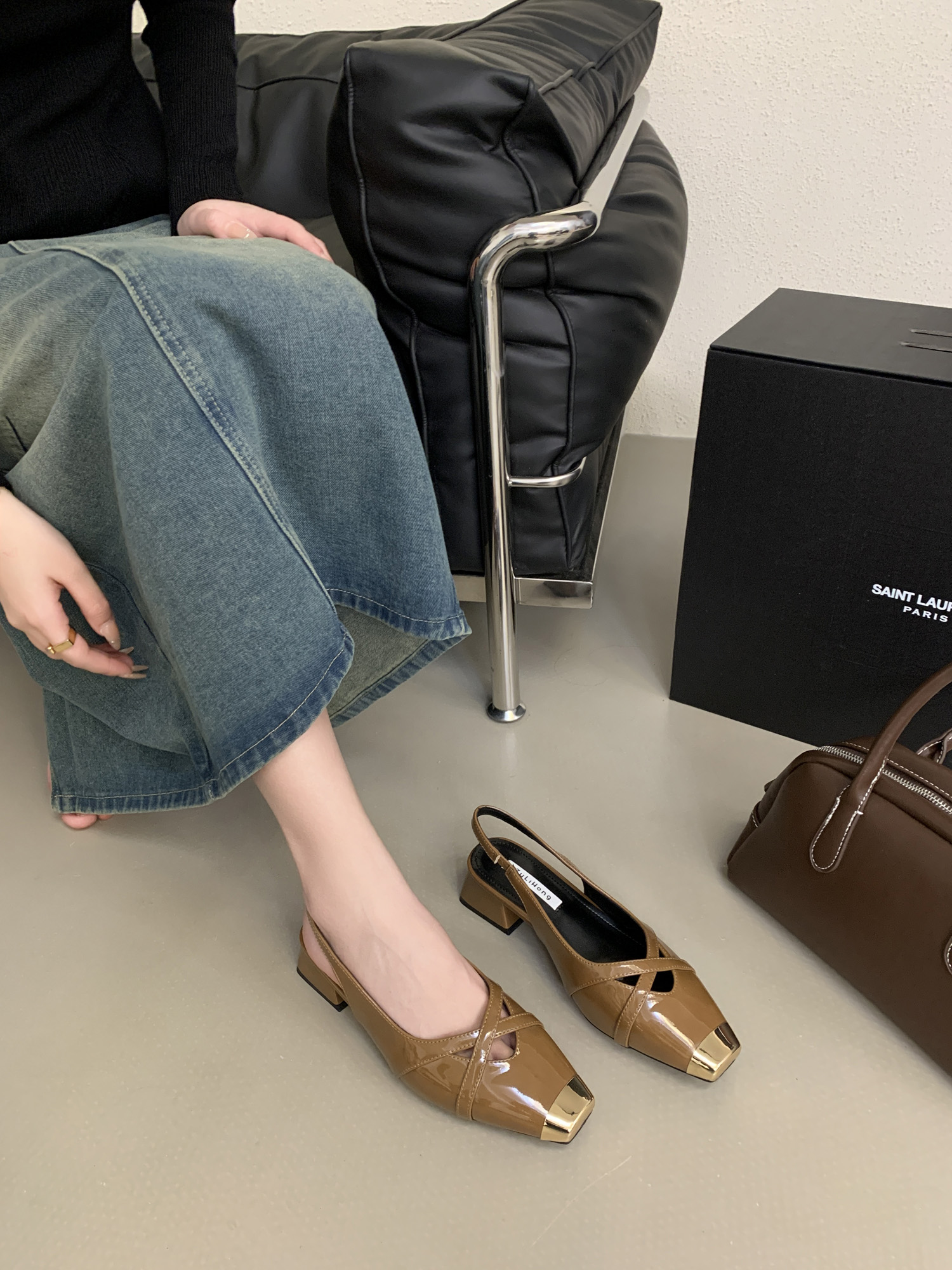 2025 Spring Summer New Metal Square Toe Mary Jane Shoes for Women Patent Leather Cross Strap Mid Heel Slip On - Image 3