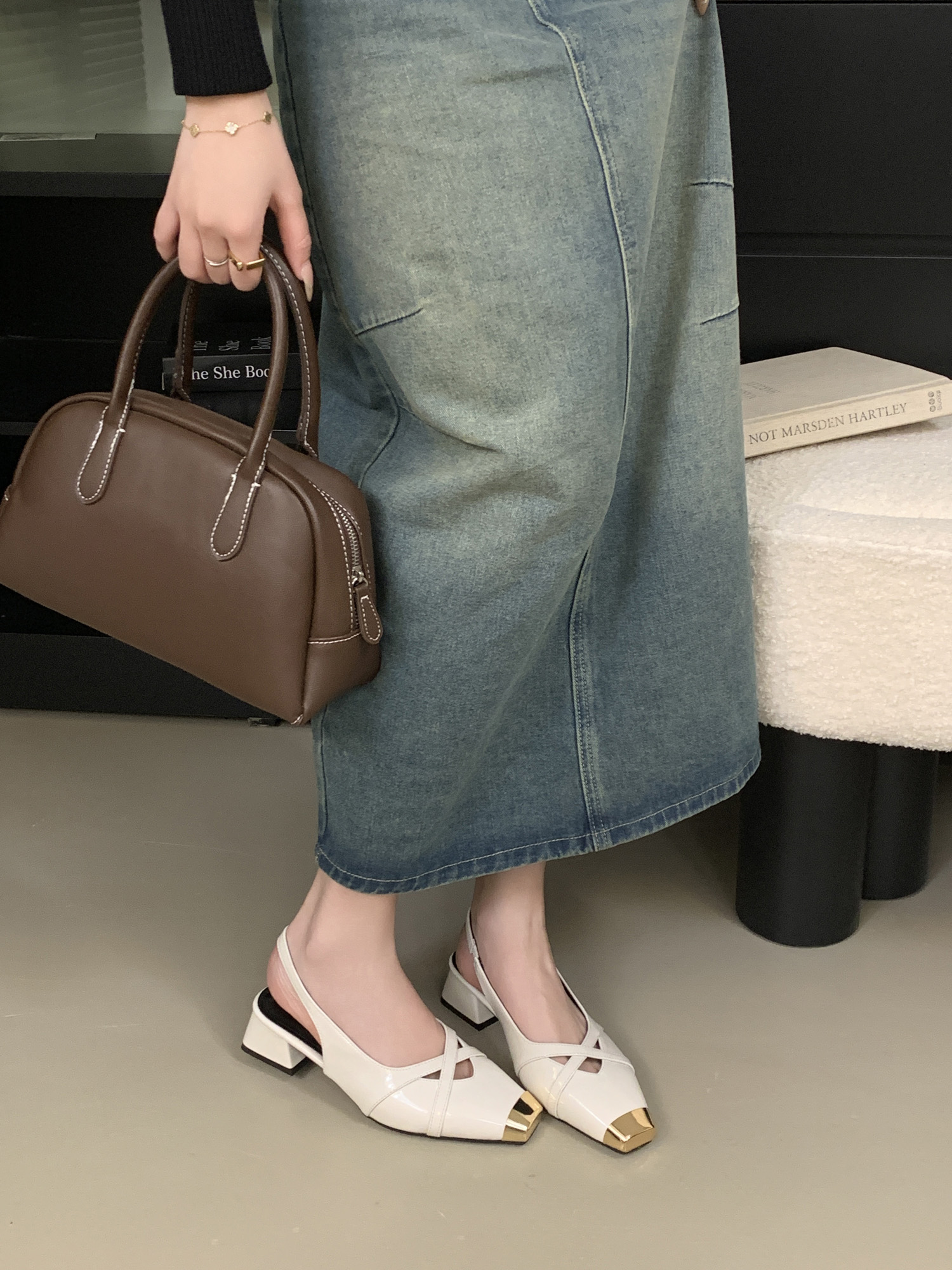 2025 Spring Summer New Metal Square Toe Mary Jane Shoes for Women Patent Leather Cross Strap Mid Heel Slip On - Image 4