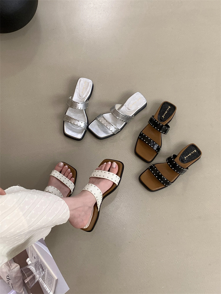 Women's Summer Wedge Slippers French Retro Square Toe Sandals with Rhinestones