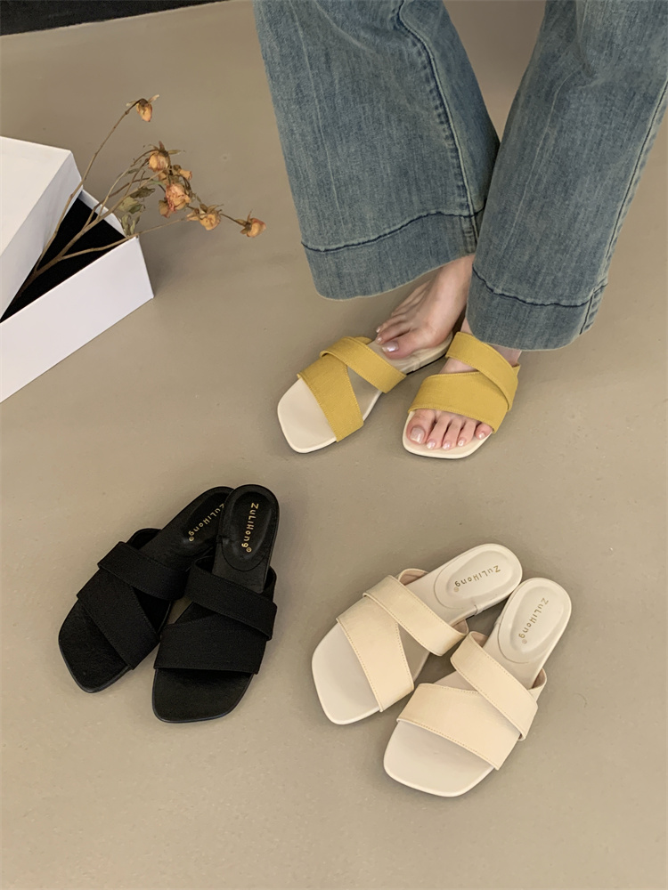 Linen Slippers Women Summer 2025 Vacation Flat Soft Sole Hollow Out One-Strap Beach Sandals