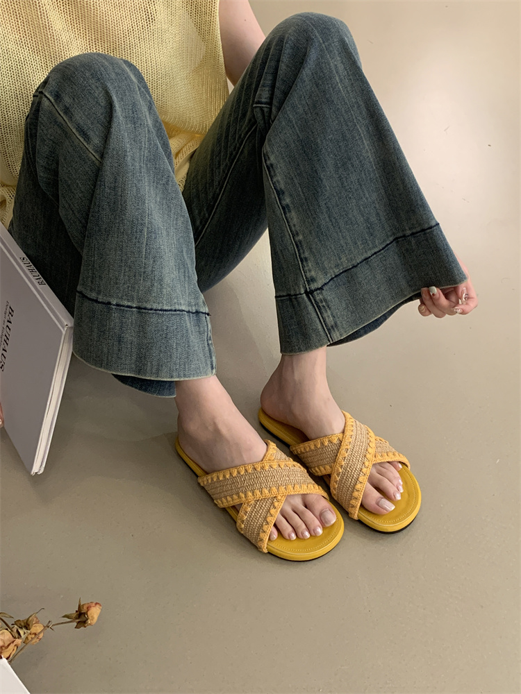 Bohemian Vacation Slippers for Women Summer New Retro Woven Flat Sandals Beach Shoes - Image 3