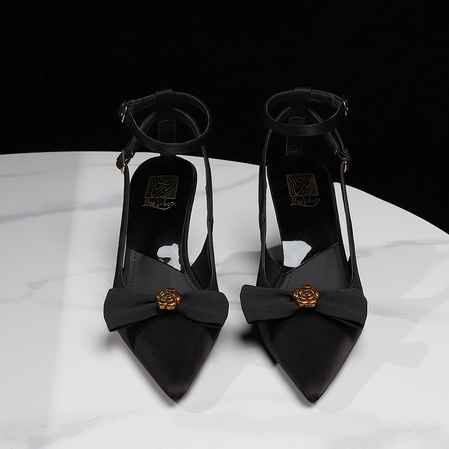 Women's Sexy Hollow One-Strap Buckle Metal Flower Butterfly Bow Pointed Toe Low-Cut Thin Heel Shoes
