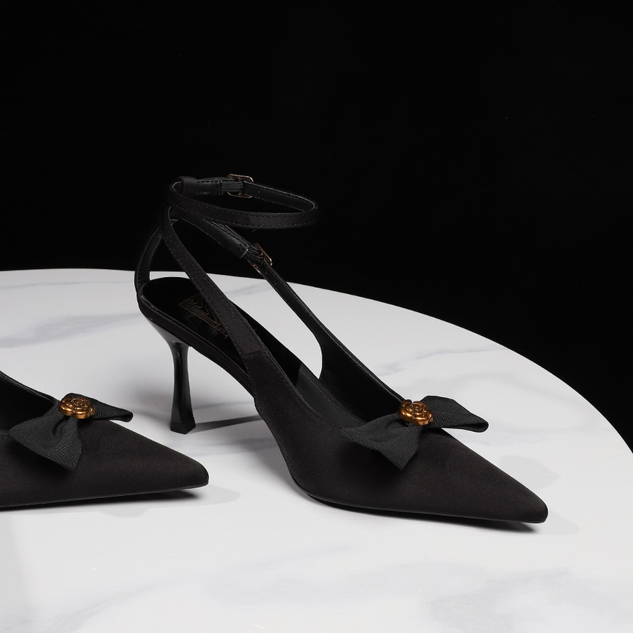 Women's Sexy Hollow One-Strap Buckle Metal Flower Butterfly Bow Pointed Toe Low-Cut Thin Heel Shoes - Image 3