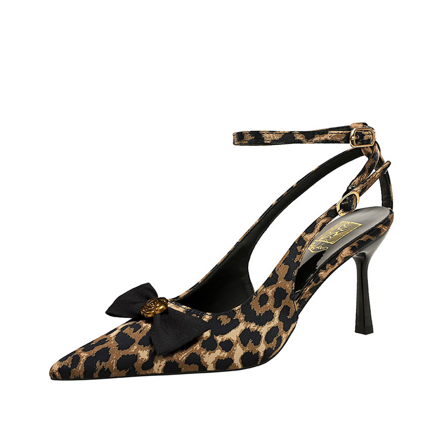 European American Style Metal Flower Bowknot Sexy Leopard Hollow One-Strap Pointed Toe Thin Heel Shoes - Image 5