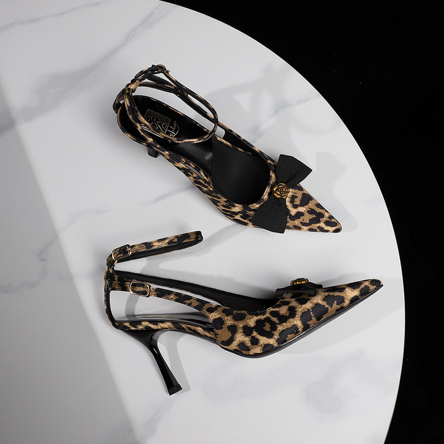 European American Style Metal Flower Bowknot Sexy Leopard Hollow One-Strap Pointed Toe Thin Heel Shoes - Image 3